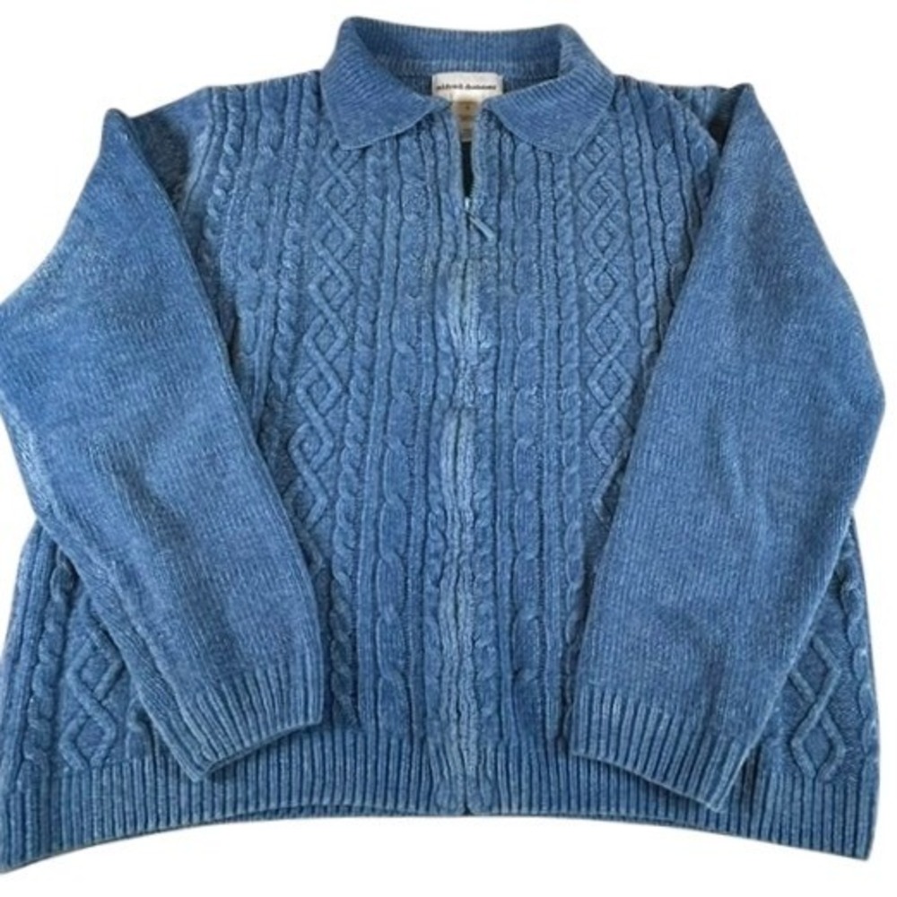 Alfred Dunner Women's Light Blue Zip Up Cable Knit Chenille Soft Sweater SM